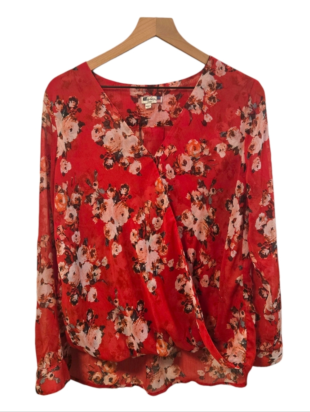 Kut From The Kloth Jenalee Red Floral Surplice Wrap Blouse Size Large